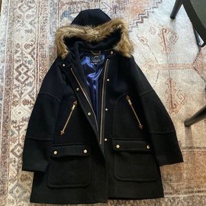 J. Crew Black Pea Coat with Faux Fur Trim